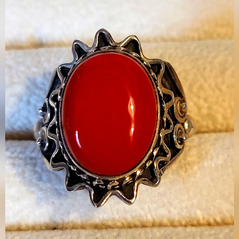 Bohemian Boho .925 Sterling Silver  Red Coral Ring Size 7 3/4 (New)